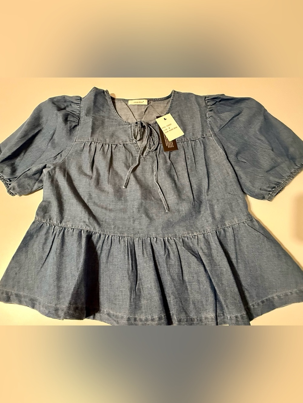 NWT Chambray Tie-Front Peplum Blouse in Denim Blue